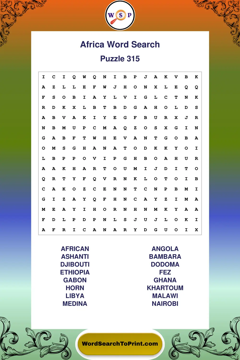 Africa Word Search Puzzle 315