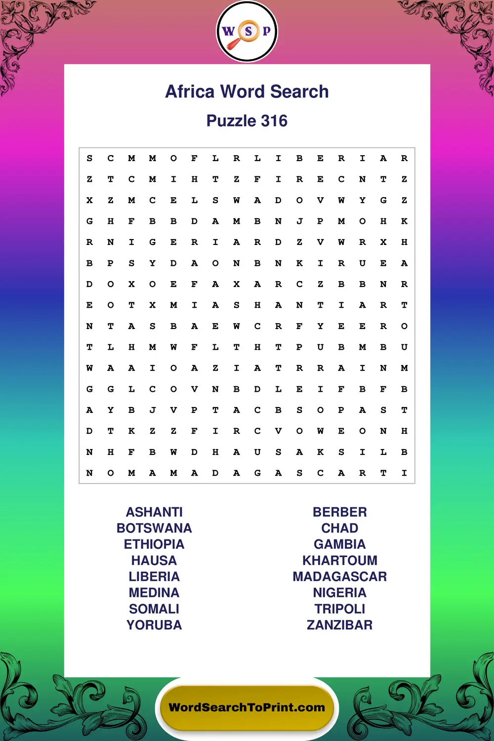 Africa Word Search Puzzle 316