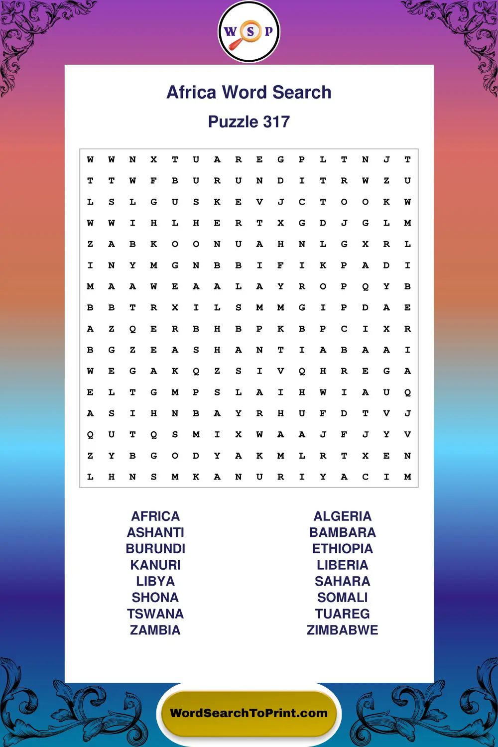 Africa Word Search Puzzle 317