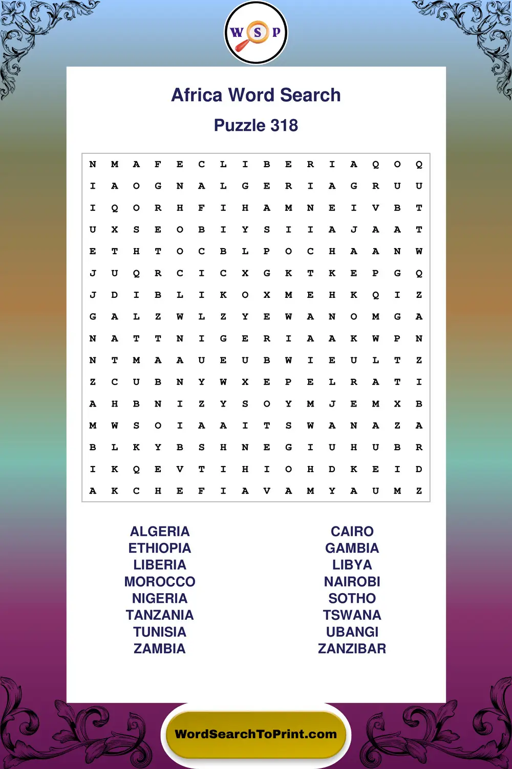 Africa Word Search Puzzle 318