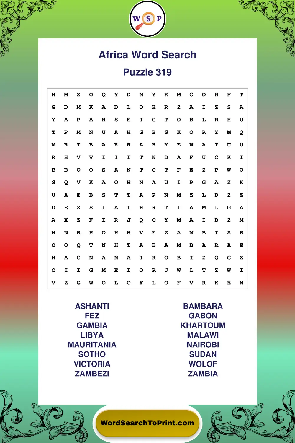 Africa Word Search Puzzle 319