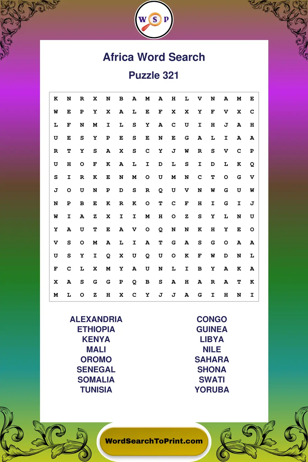 Africa Word Search Puzzle 321