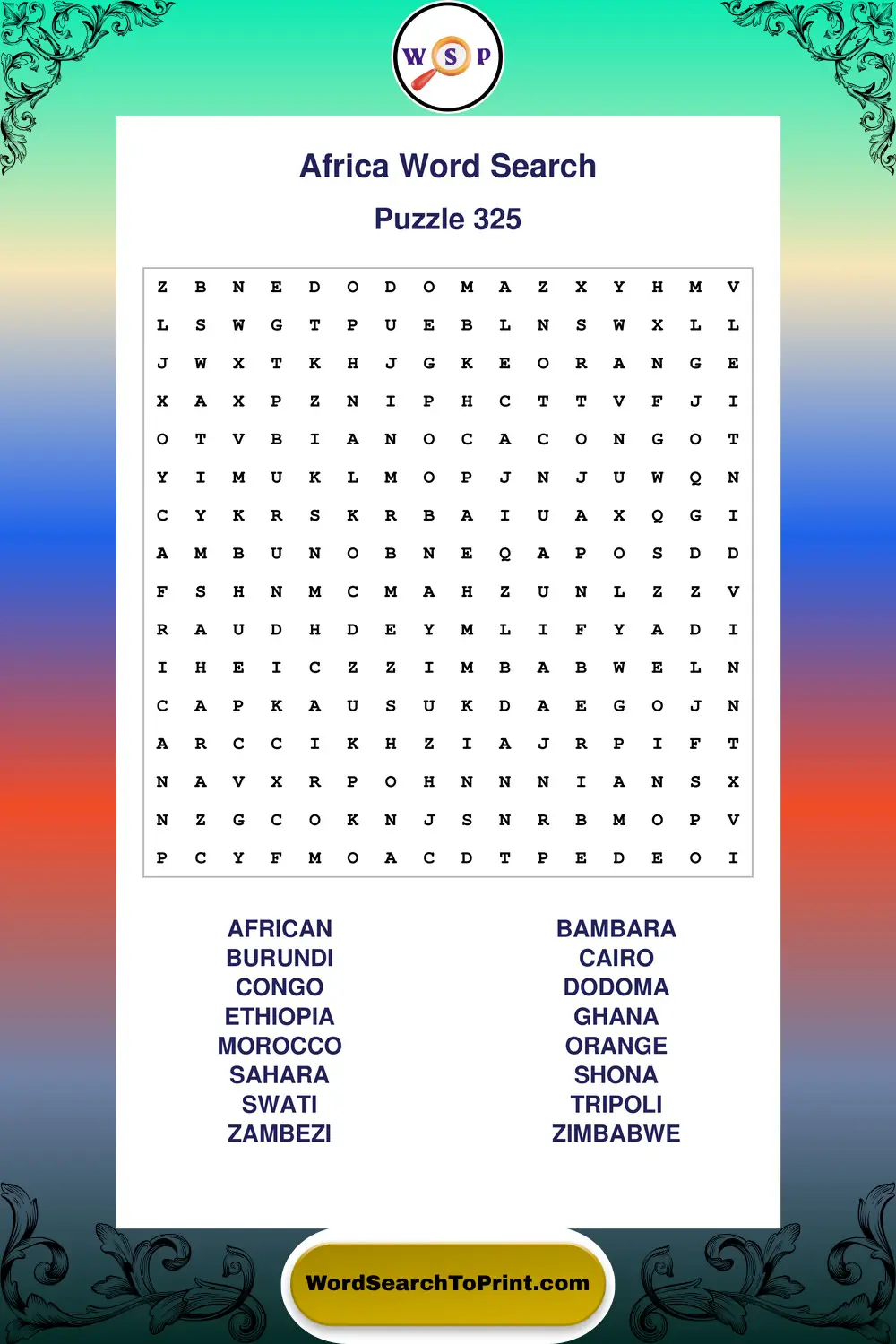 Africa Word Search Puzzle 325