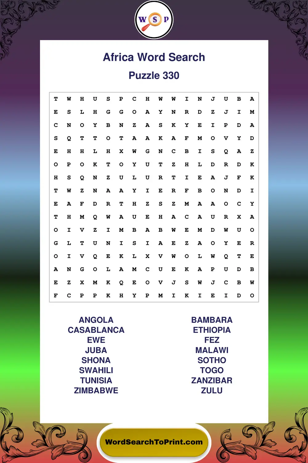 Africa Word Search Puzzle 330