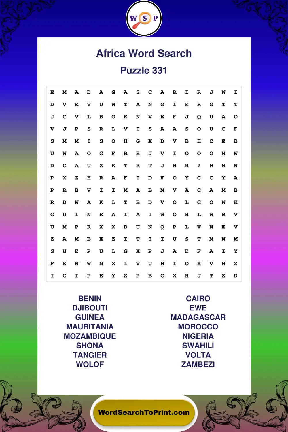 Africa Word Search Puzzle 331