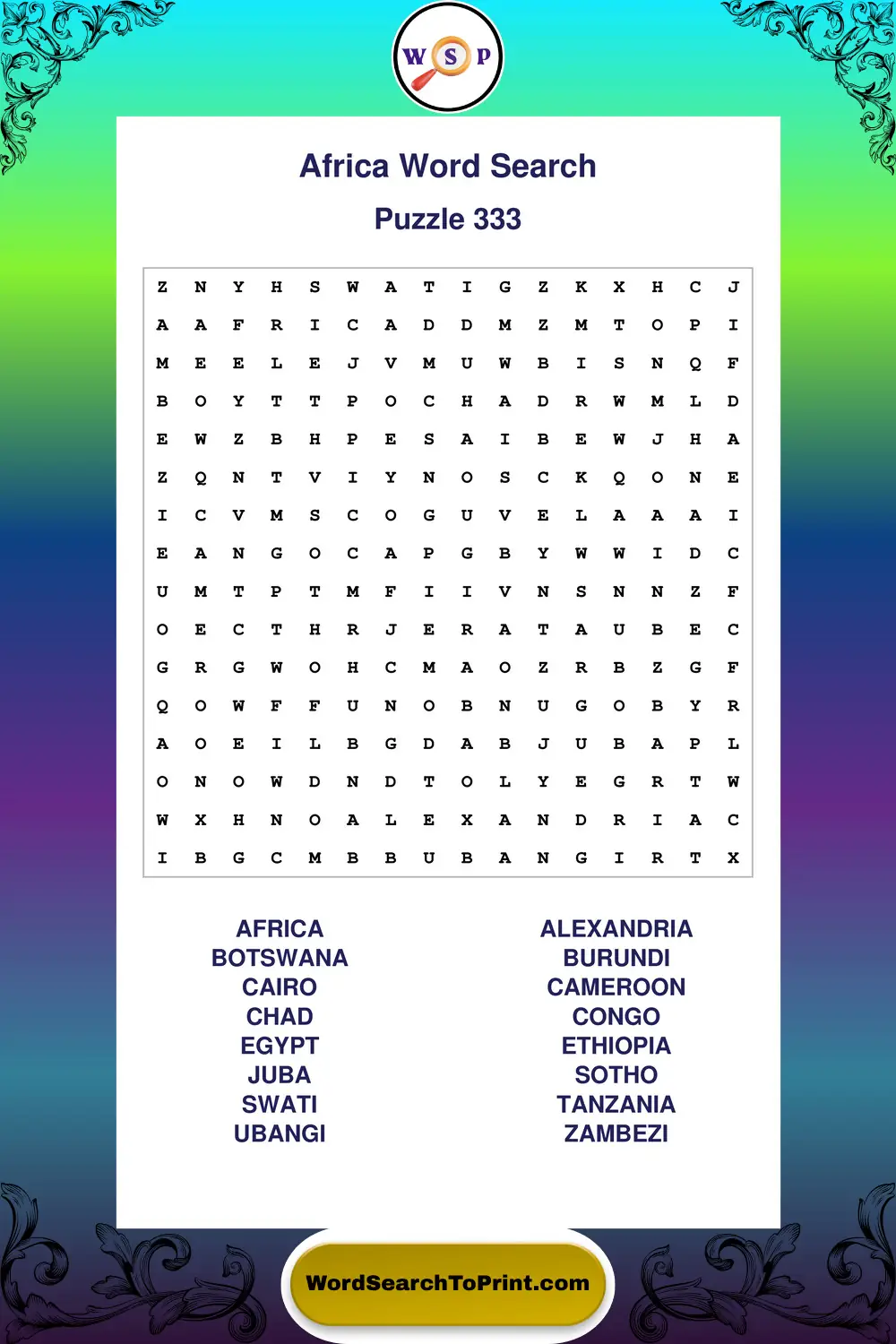 Africa Word Search Puzzle 333
