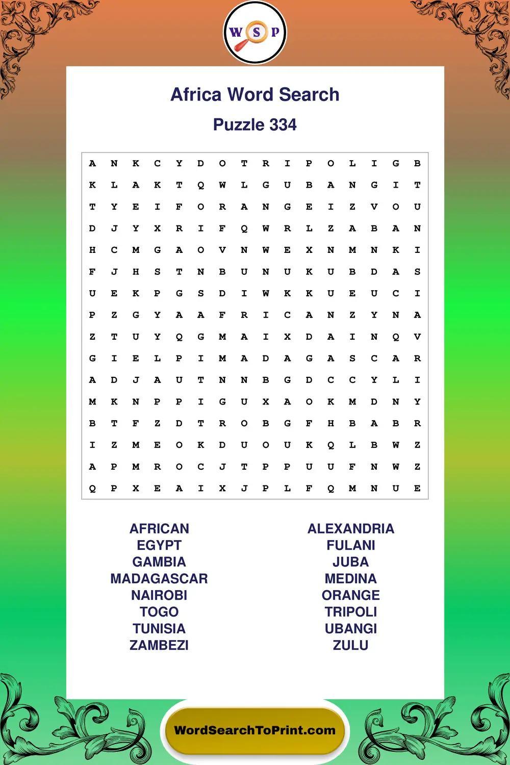 Africa Word Search Puzzle 334