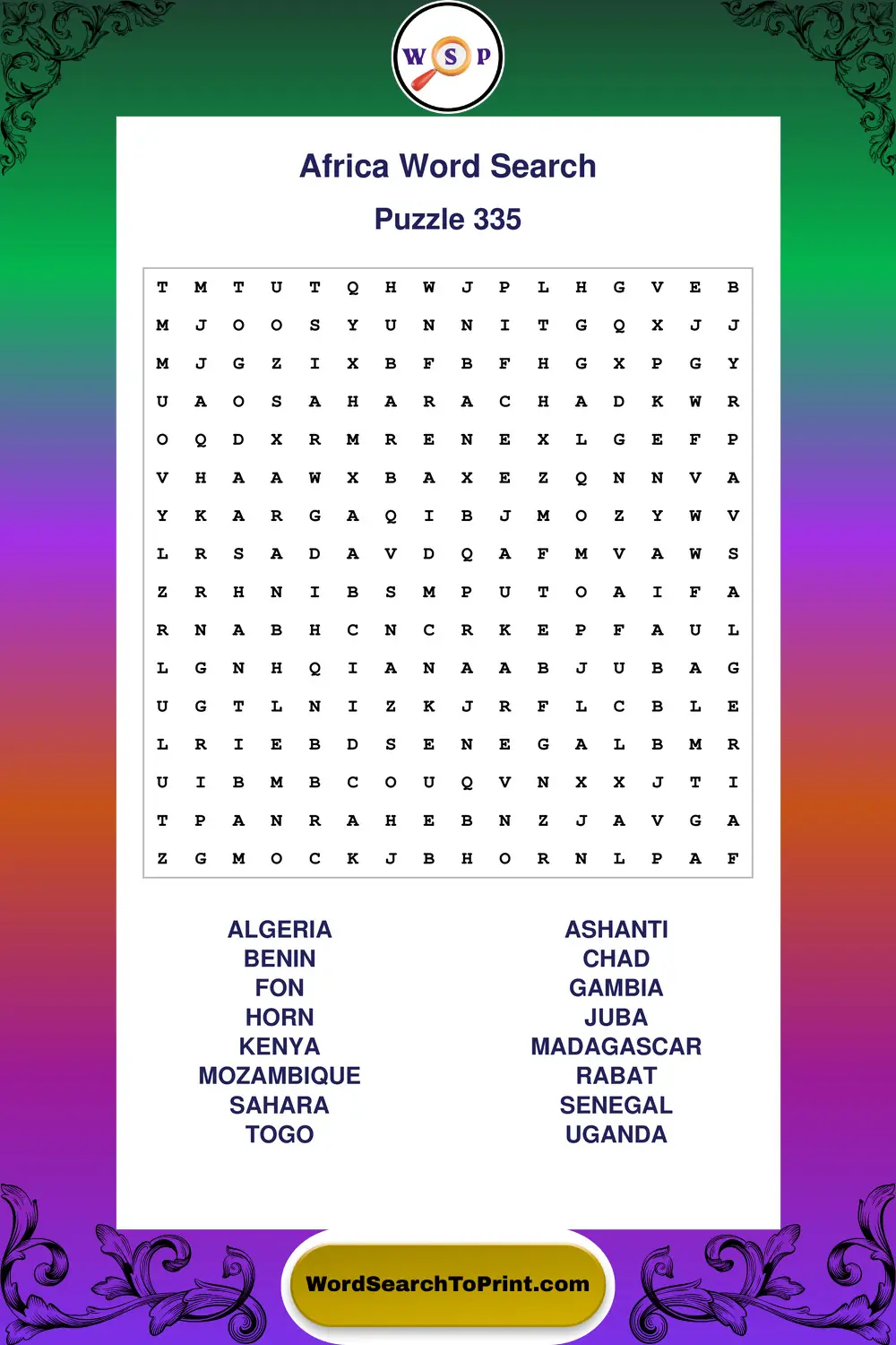 Africa Word Search Puzzle 335