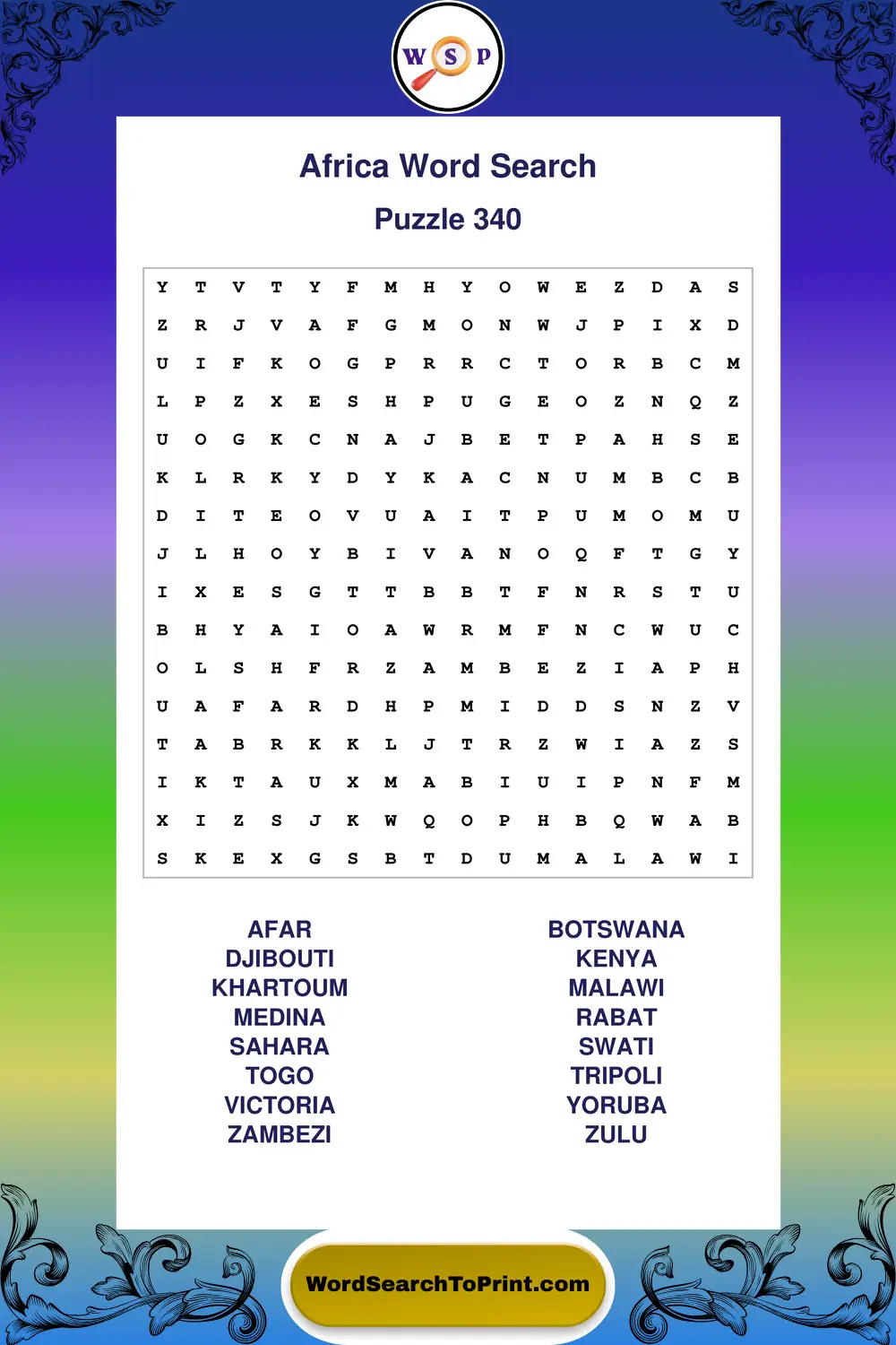 Africa Word Search Puzzle 340