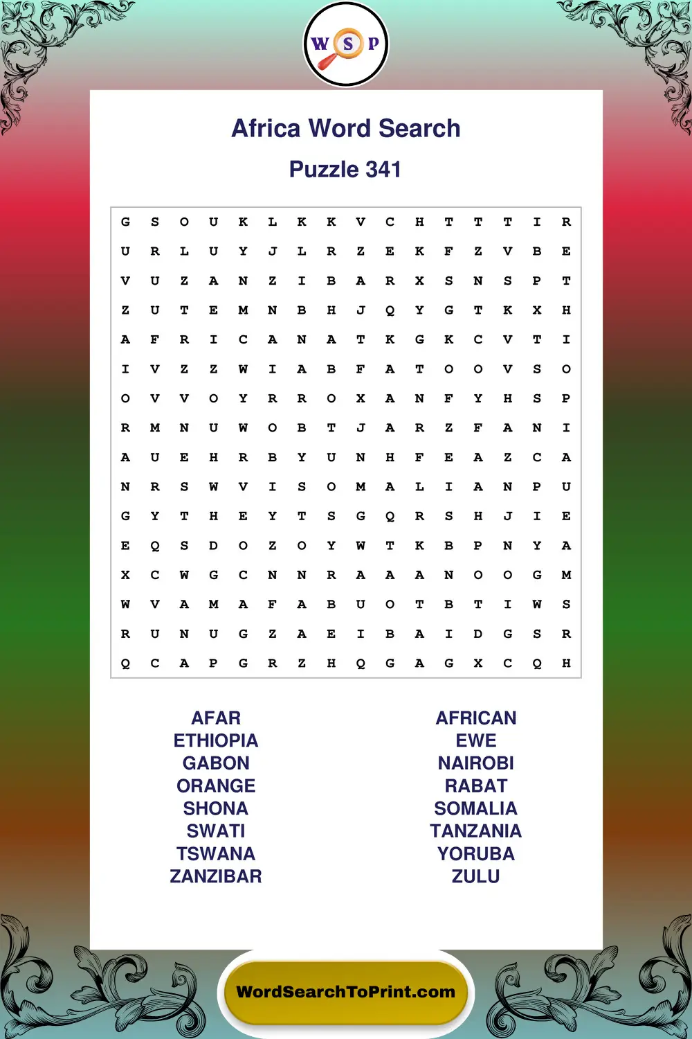 Africa Word Search Puzzle 341