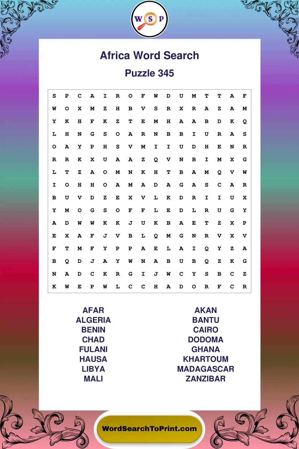 Africa Word Search Puzzle 345
