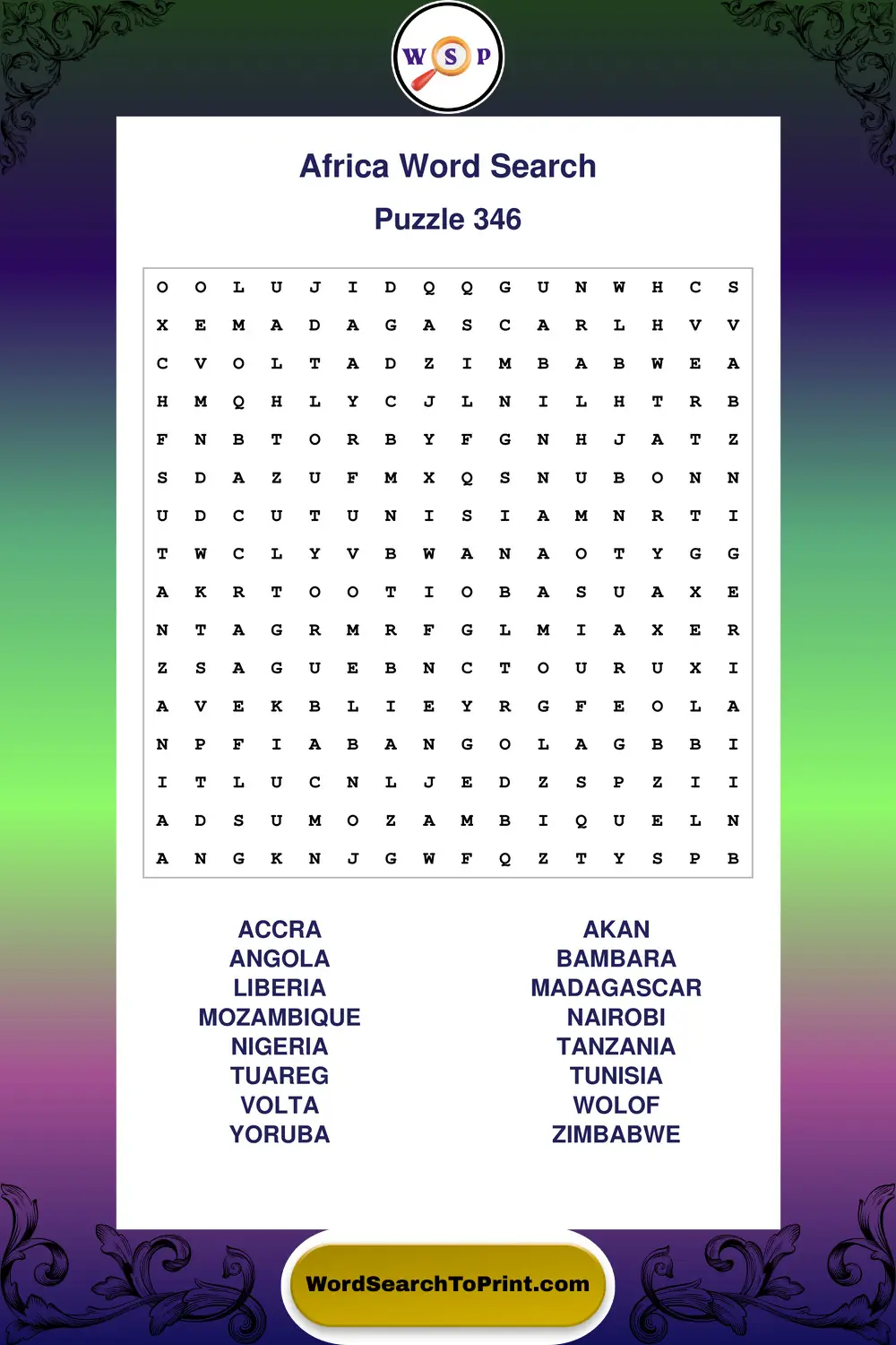 Africa Word Search Puzzle 346