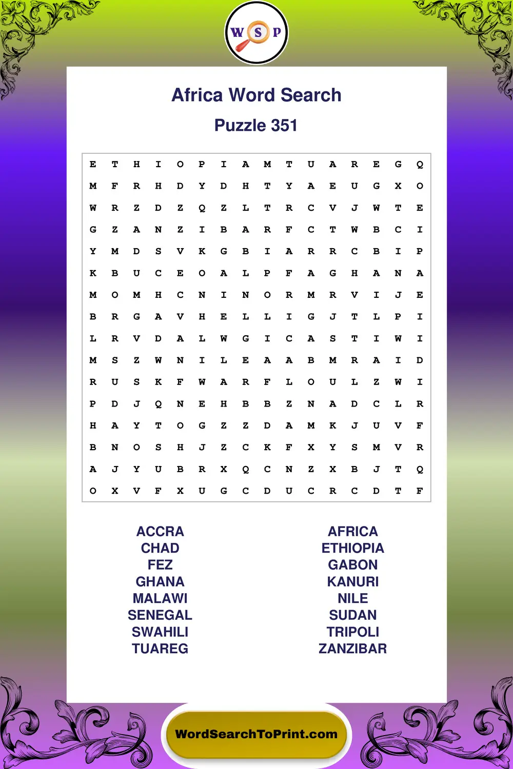 Africa Word Search Puzzle 351