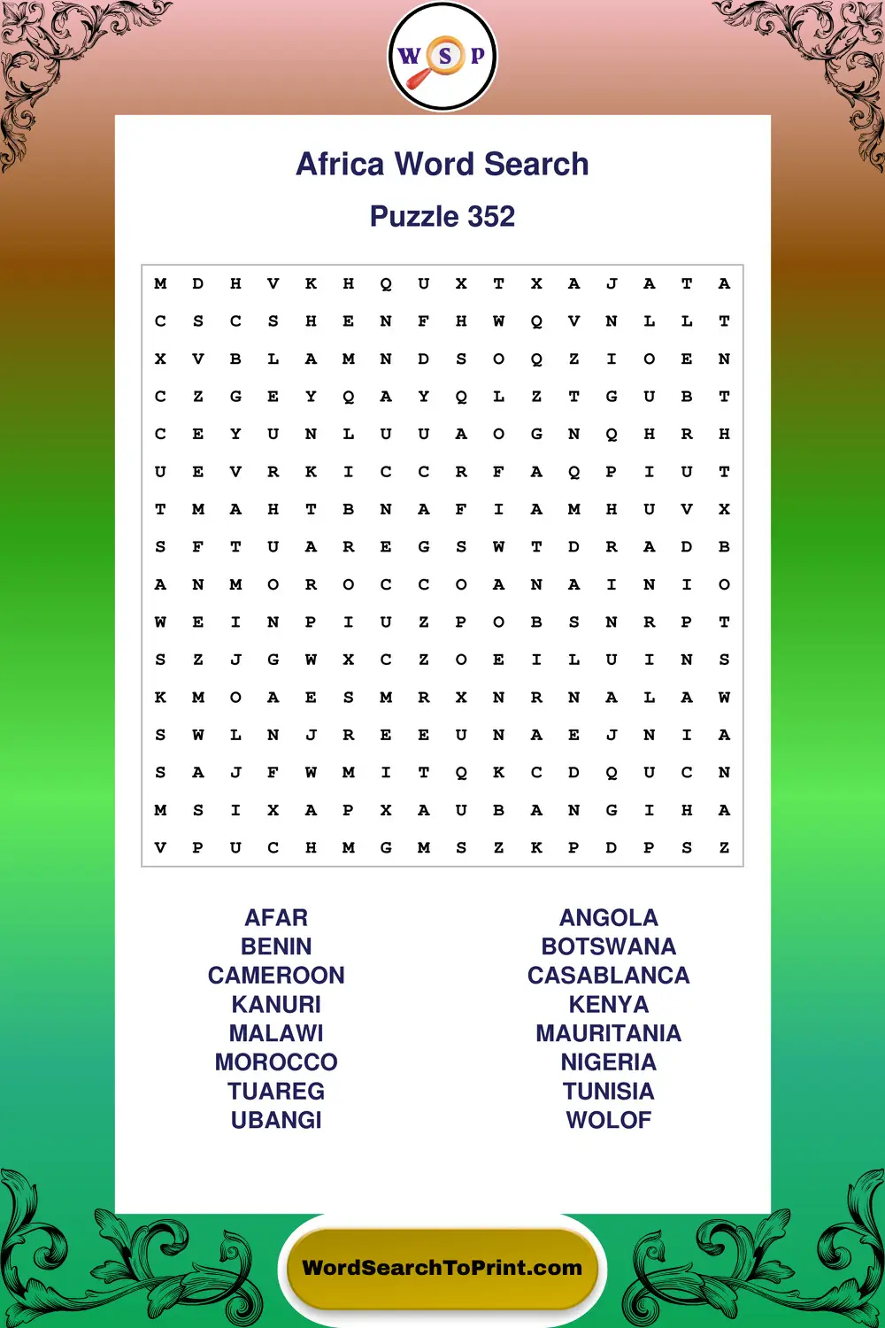 Africa Word Search Puzzle 352