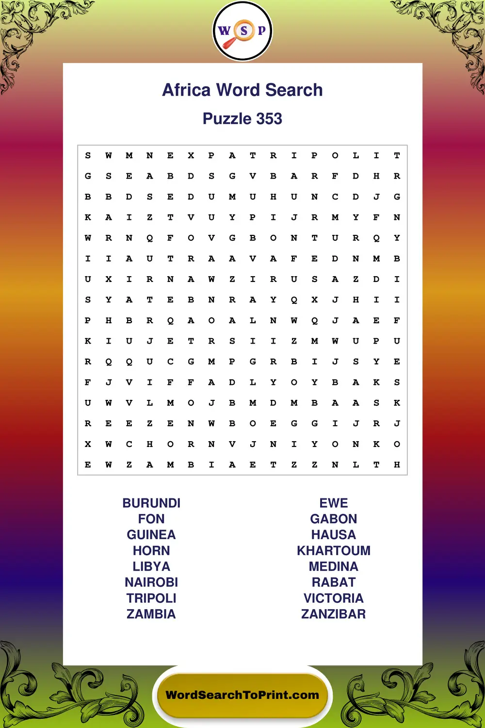 Africa Word Search Puzzle 353
