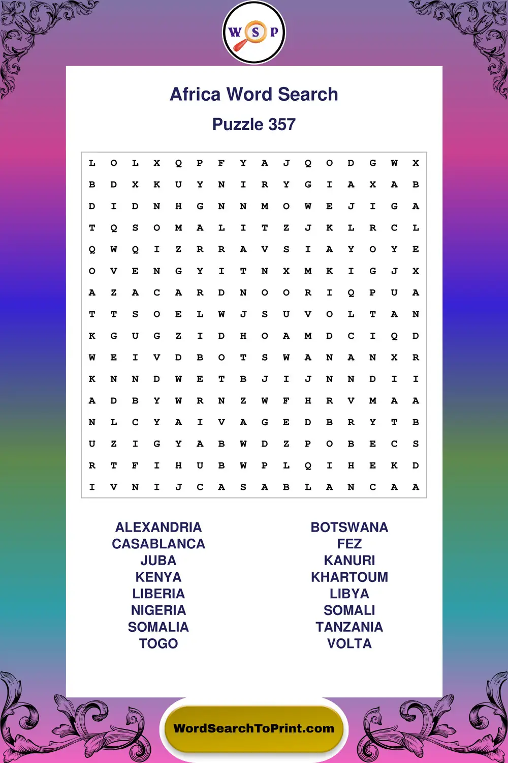 Africa Word Search Puzzle 357