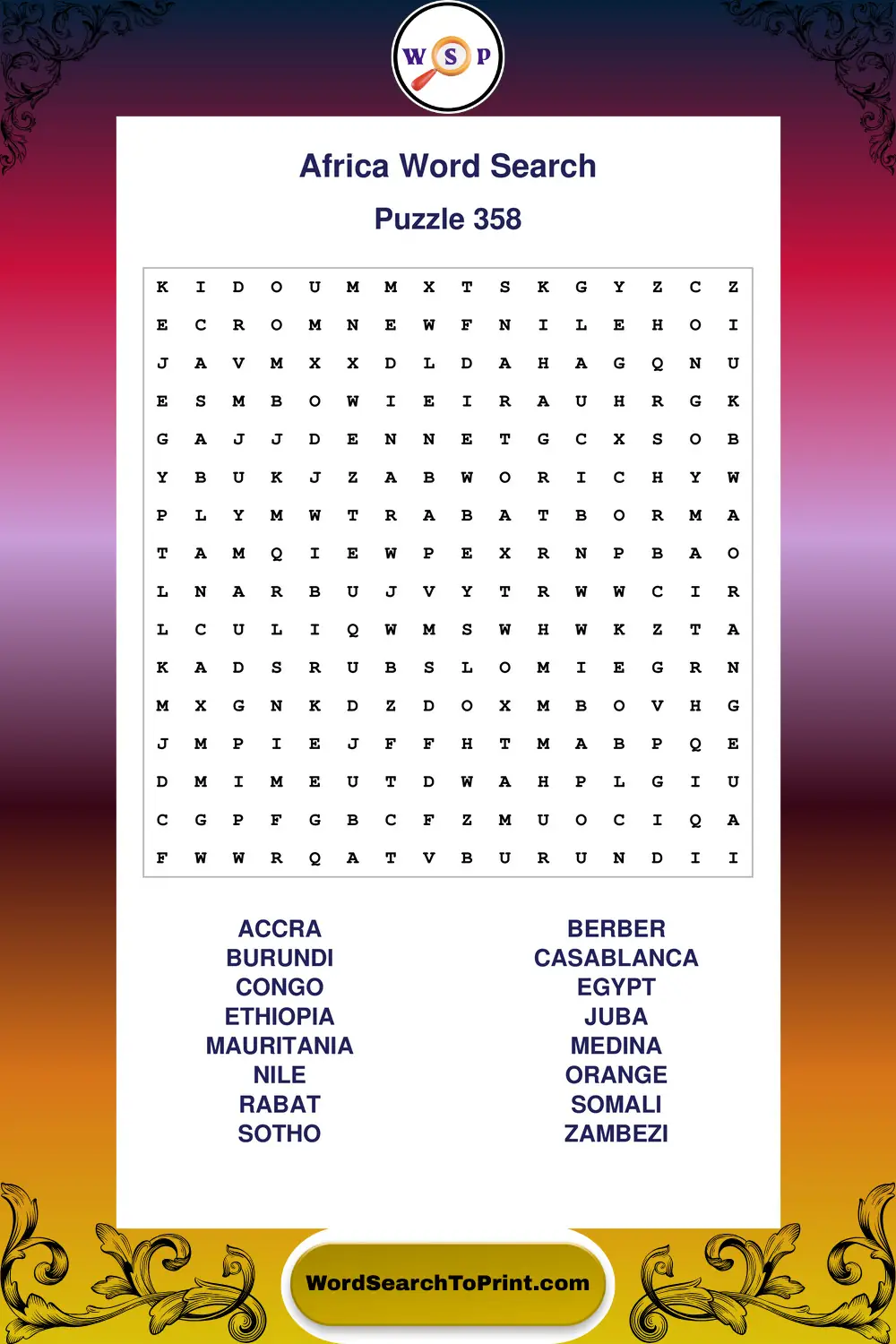 Africa Word Search Puzzle 358