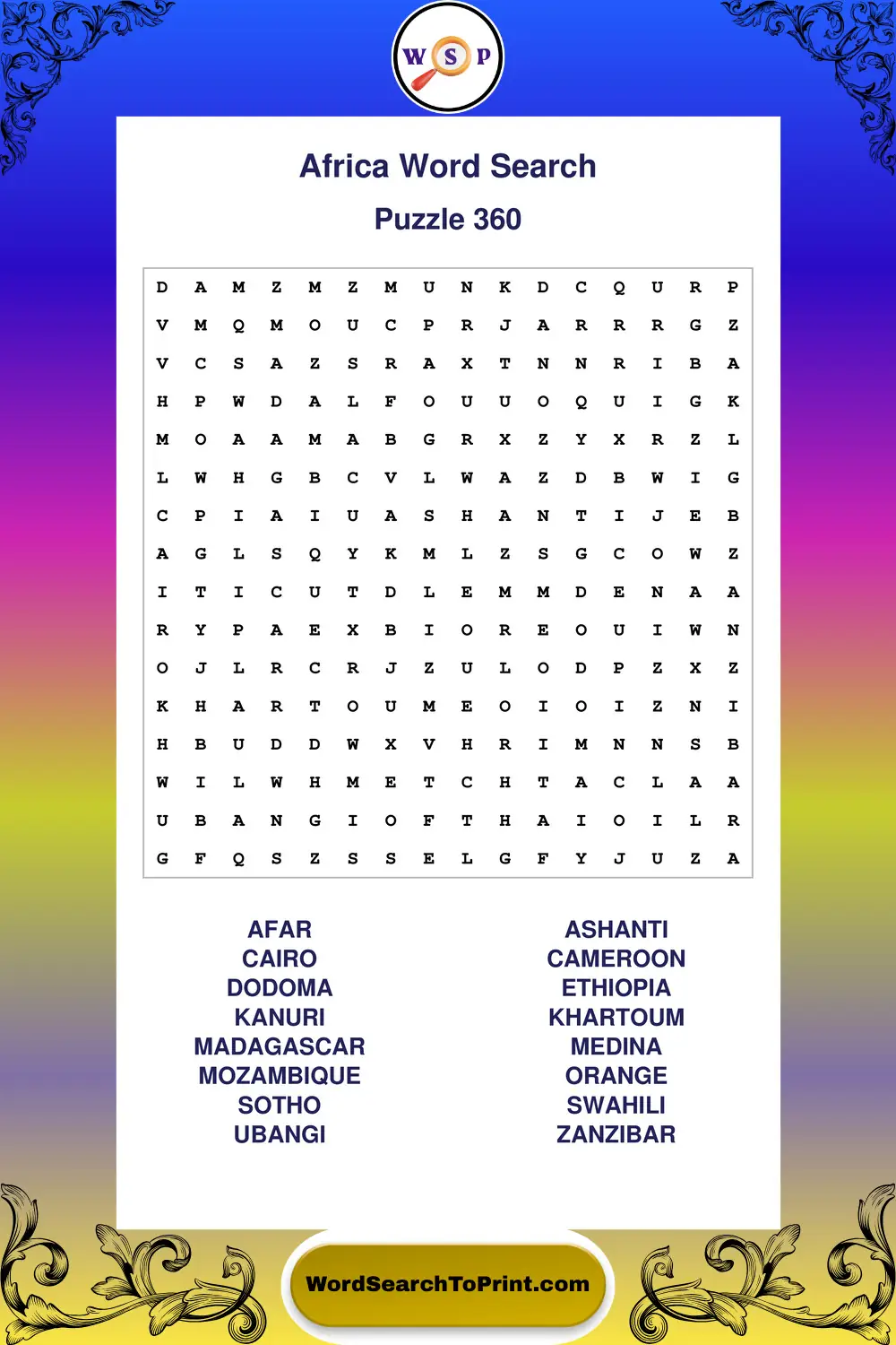 Africa Word Search Puzzle 360