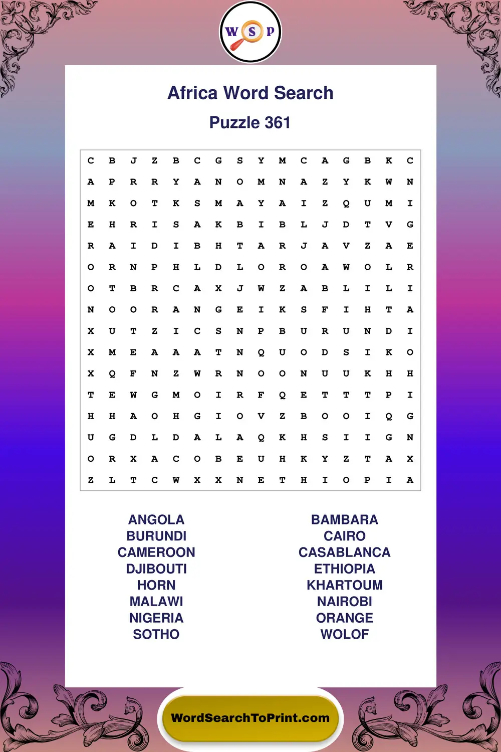Africa Word Search Puzzle 361