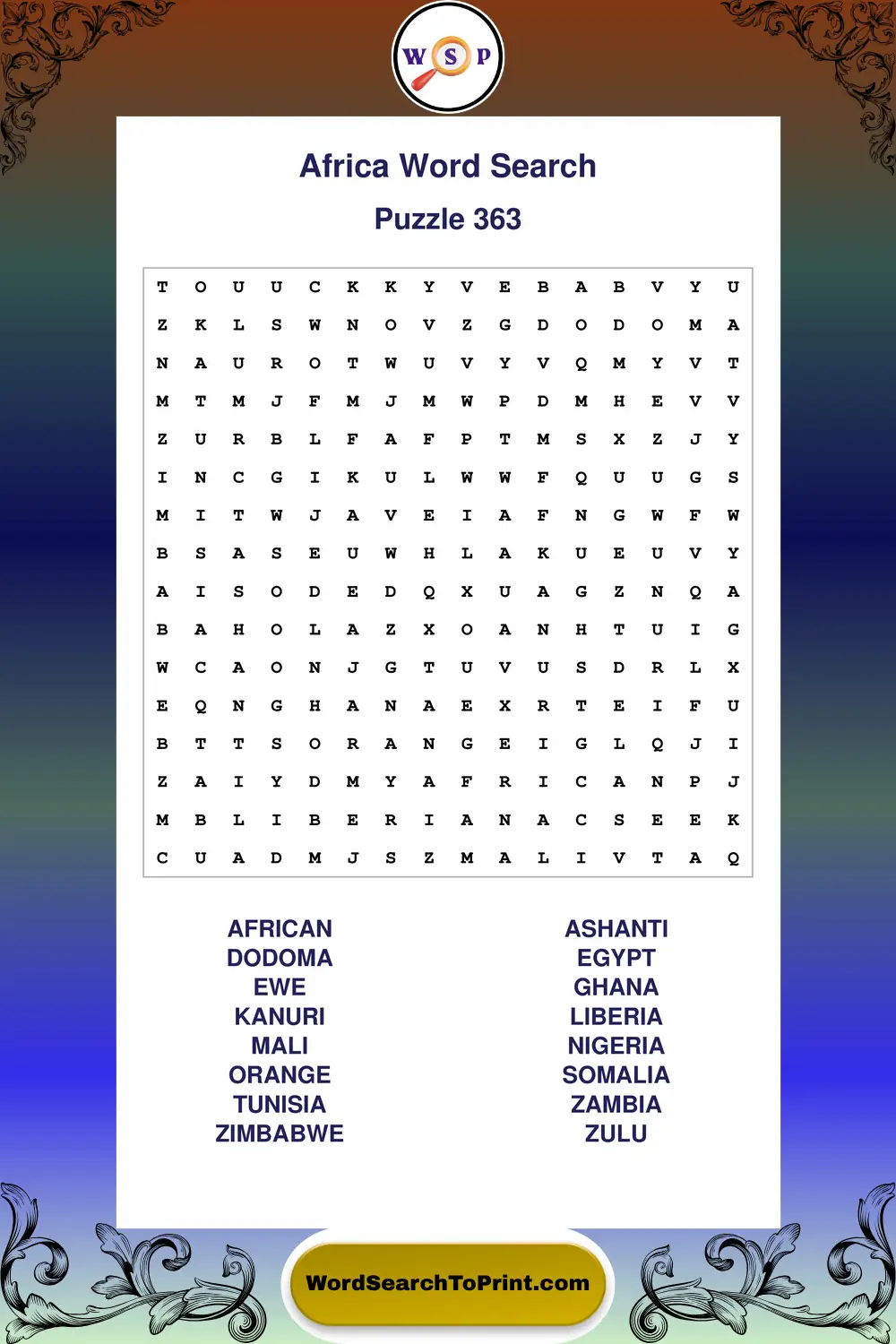 Africa Word Search Puzzle 363