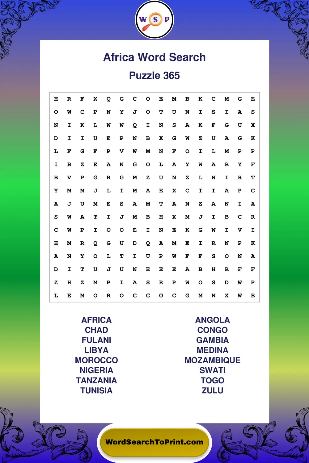 Africa Word Search Puzzle 365