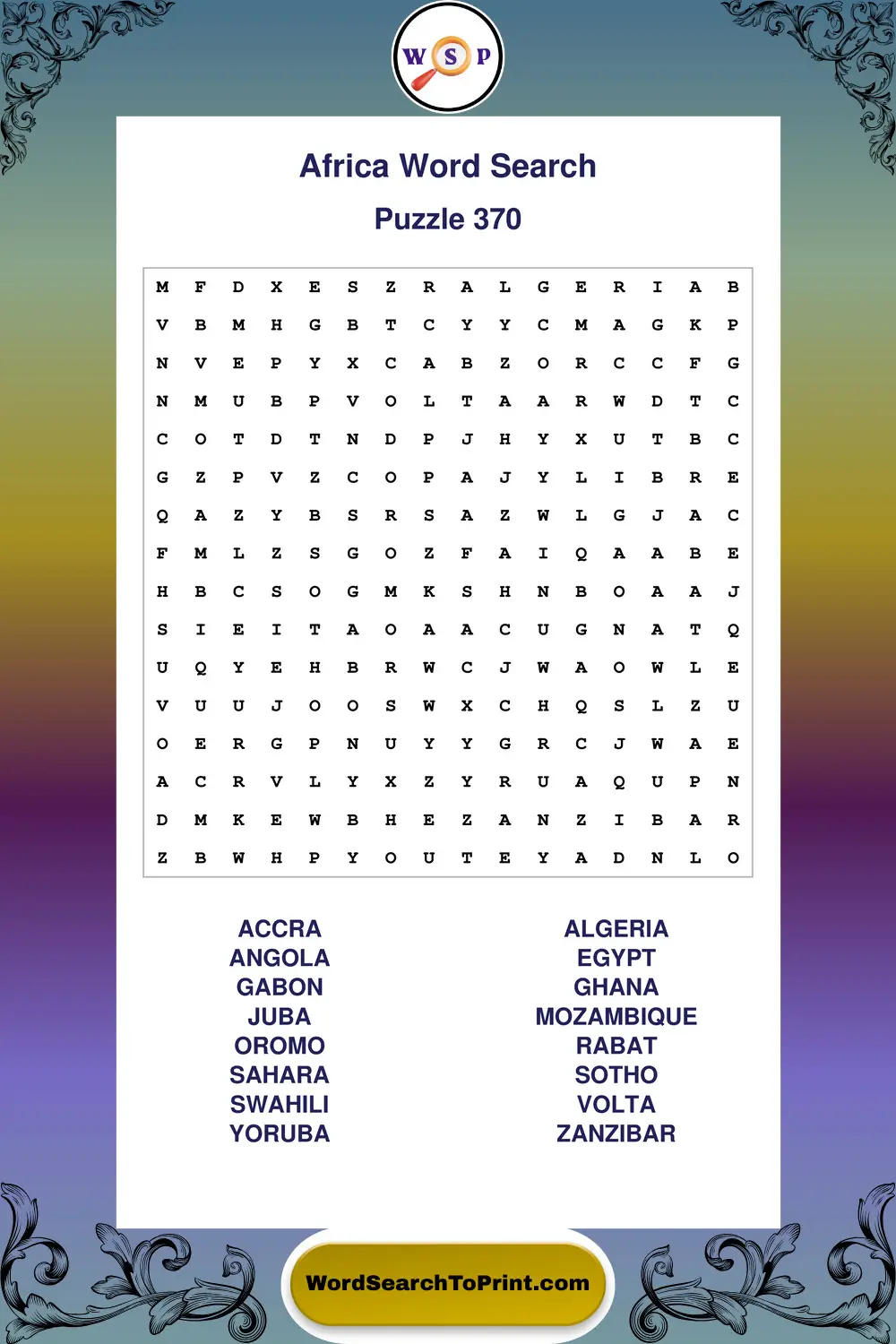 Africa Word Search Puzzle 370