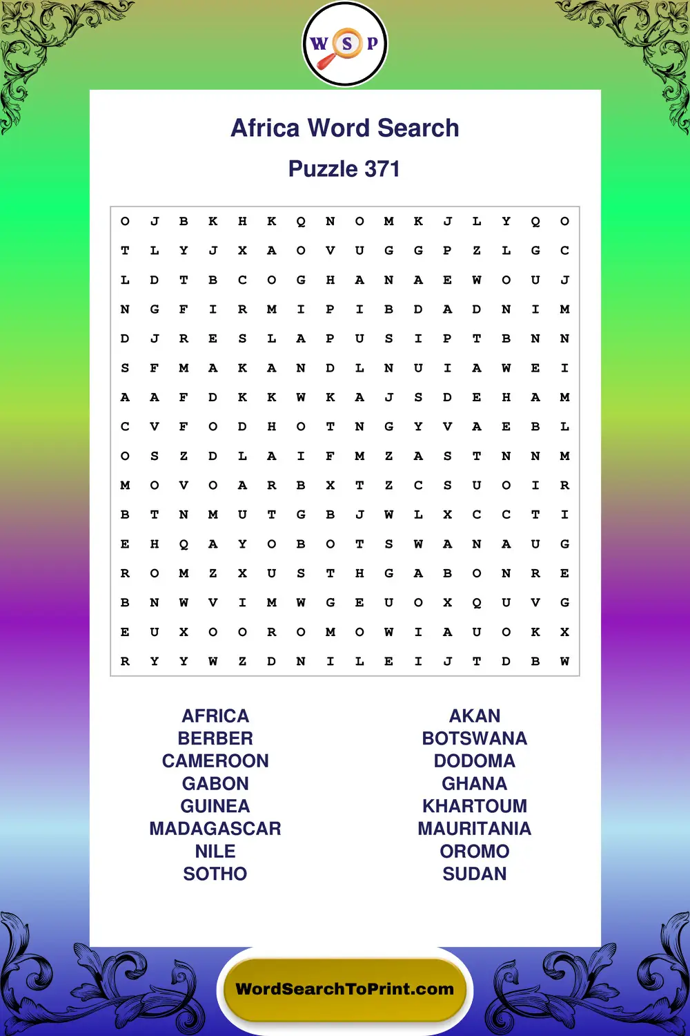 Africa Word Search Puzzle 371