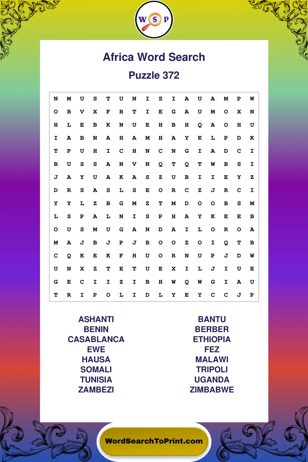 Africa Word Search Puzzle 372