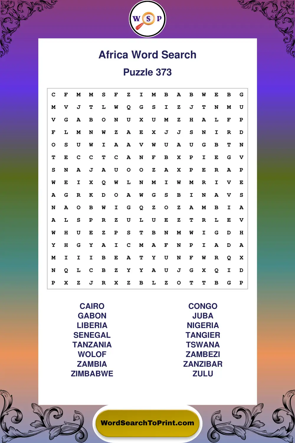 Africa Word Search Puzzle 373