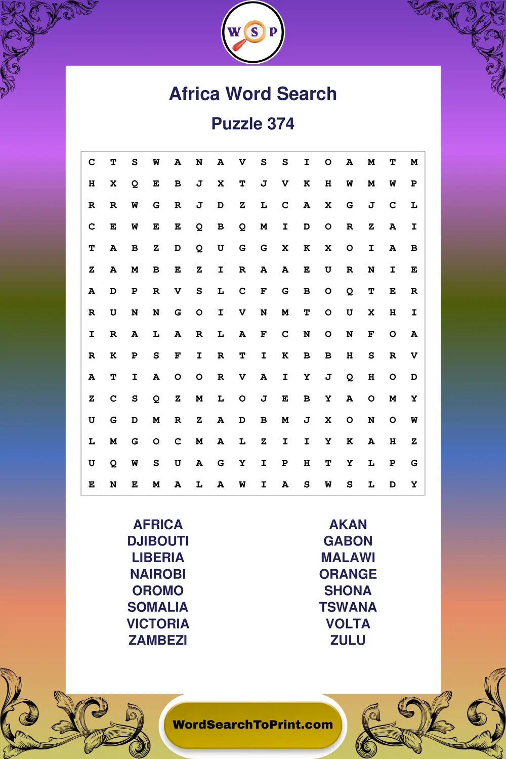 Africa Word Search Puzzle 374