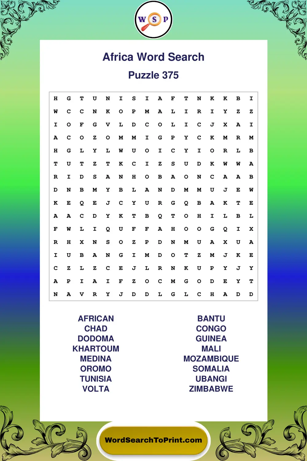 Africa Word Search Puzzle 375