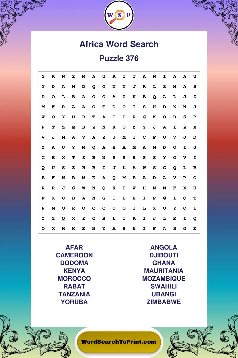 Africa Word Search Puzzle 376