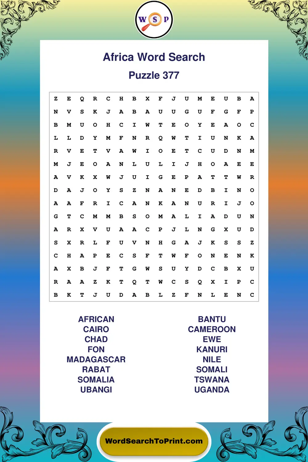 Africa Word Search Puzzle 377