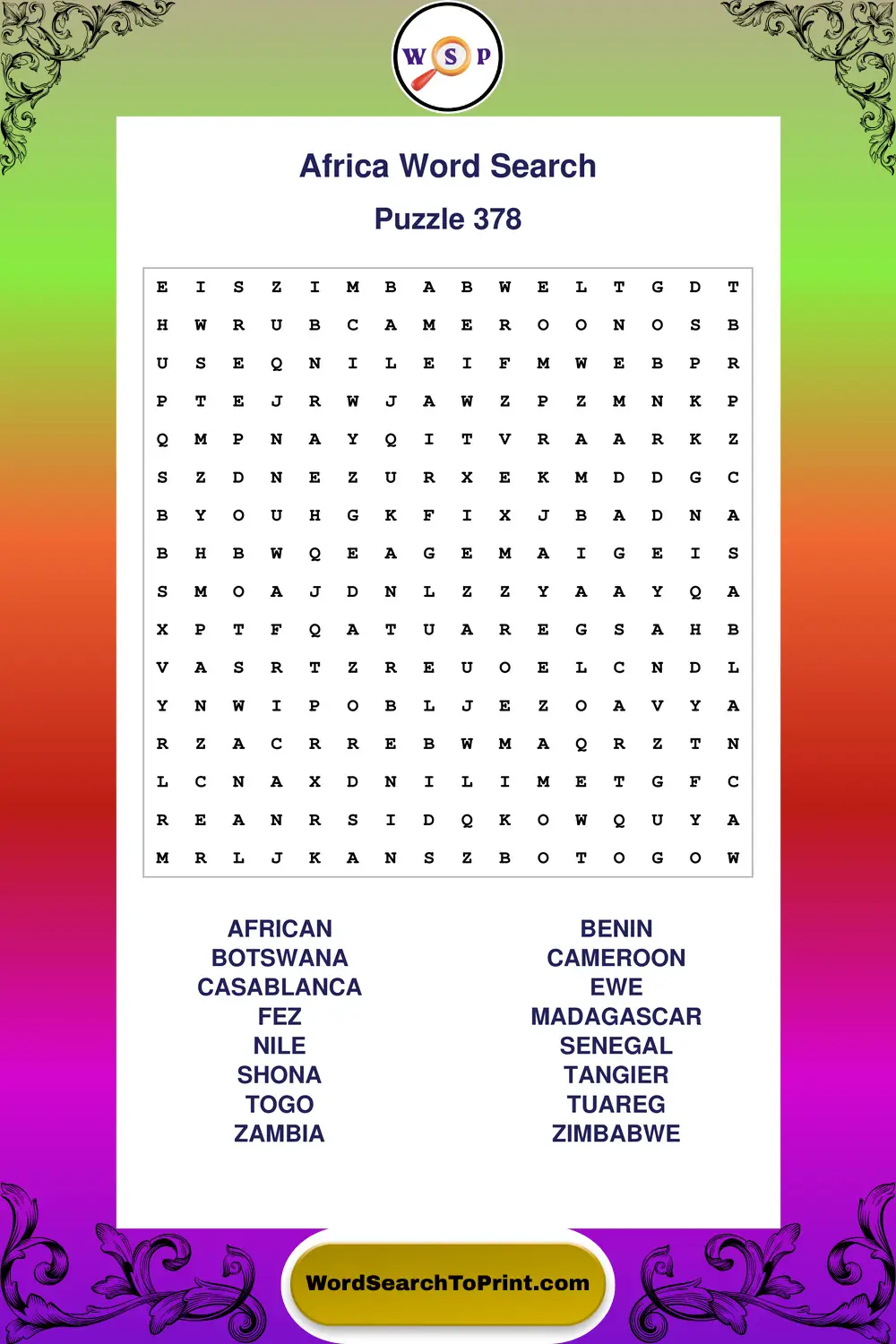 Africa Word Search Puzzle 378