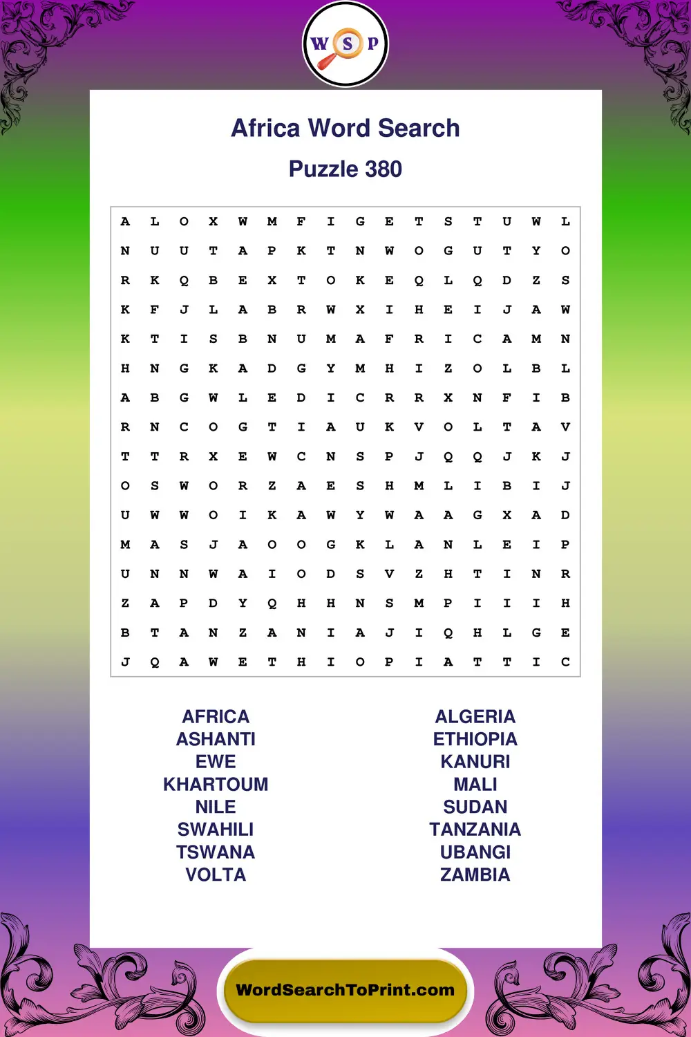 Africa Word Search Puzzle 380
