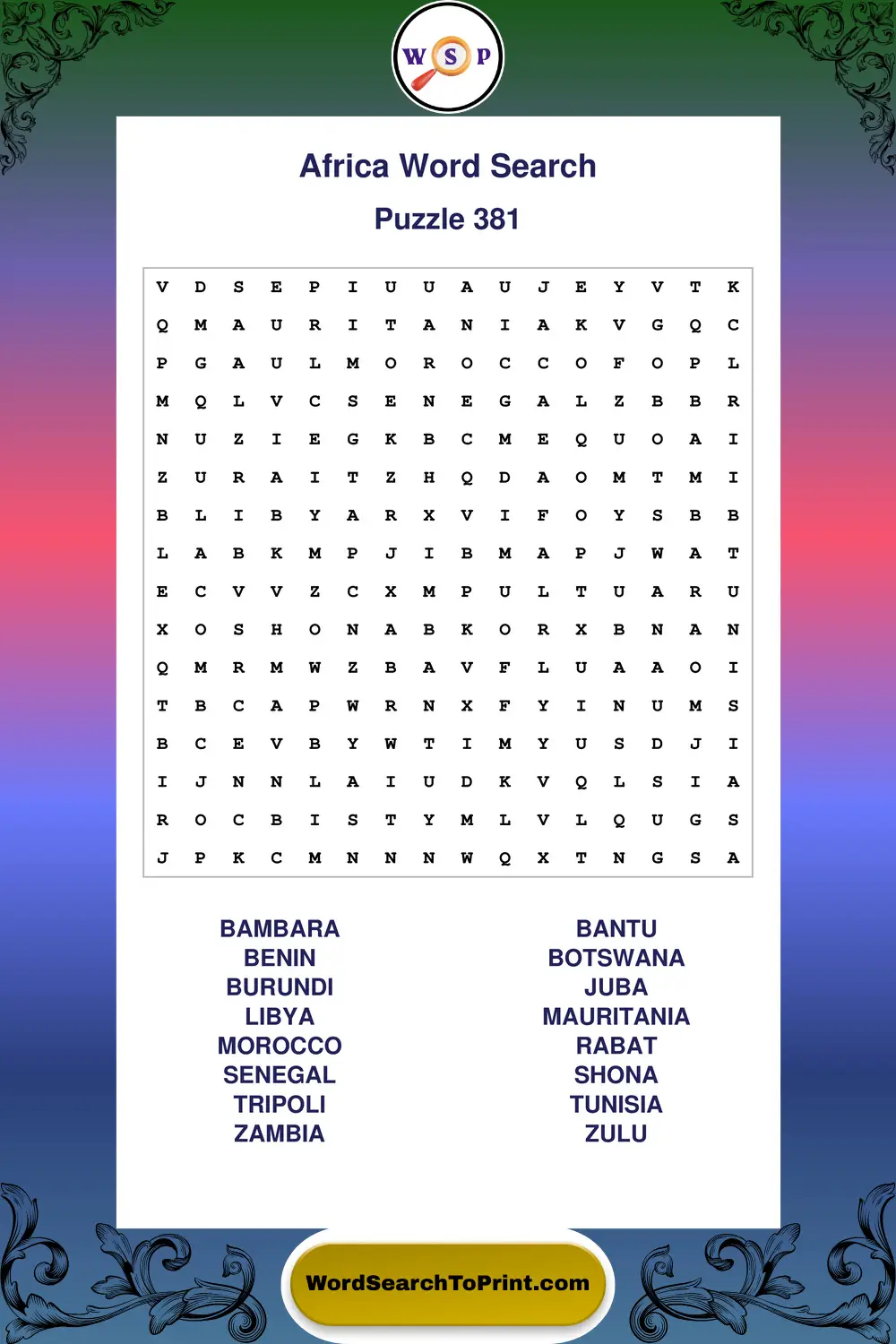 Africa Word Search Puzzle 381