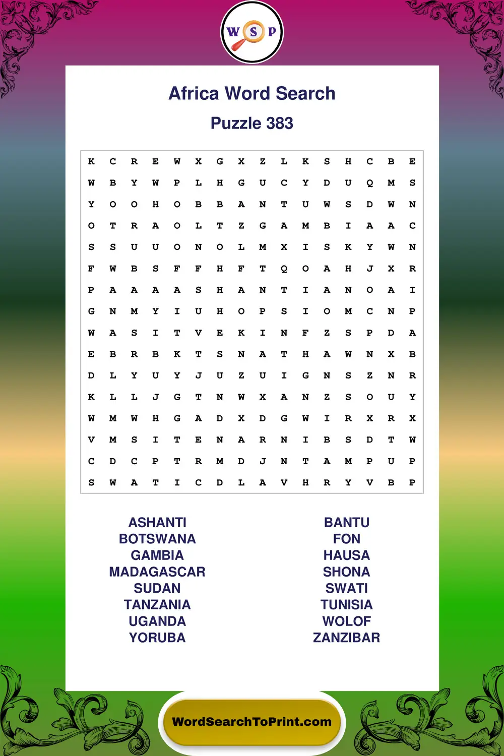 Africa Word Search Puzzle 383