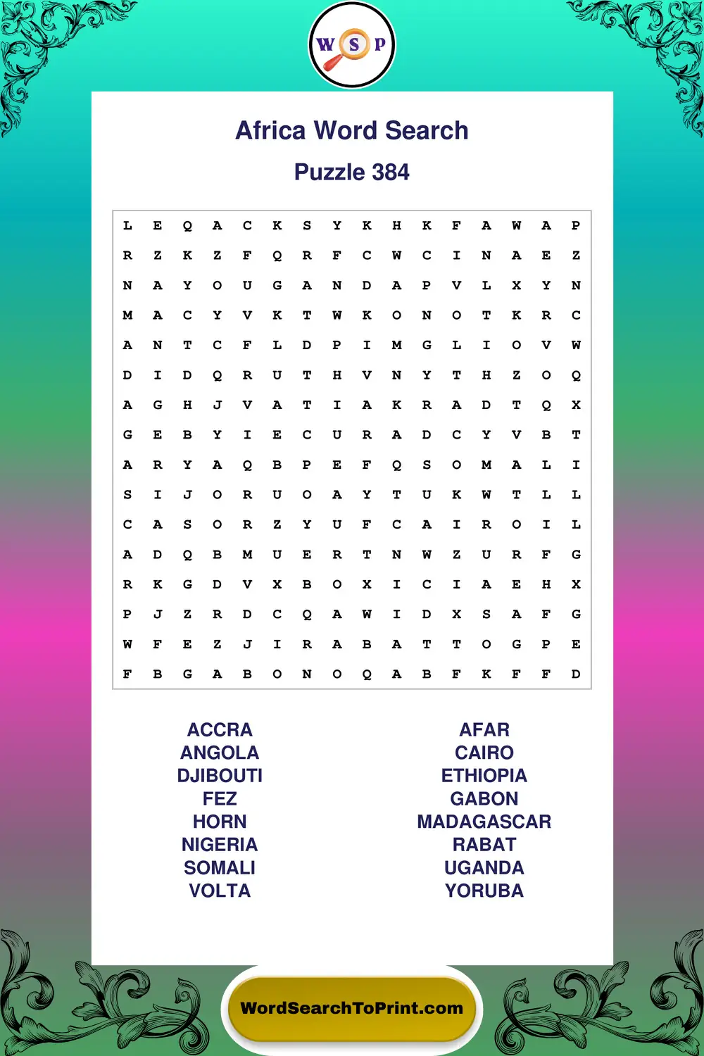 Africa Word Search Puzzle 384