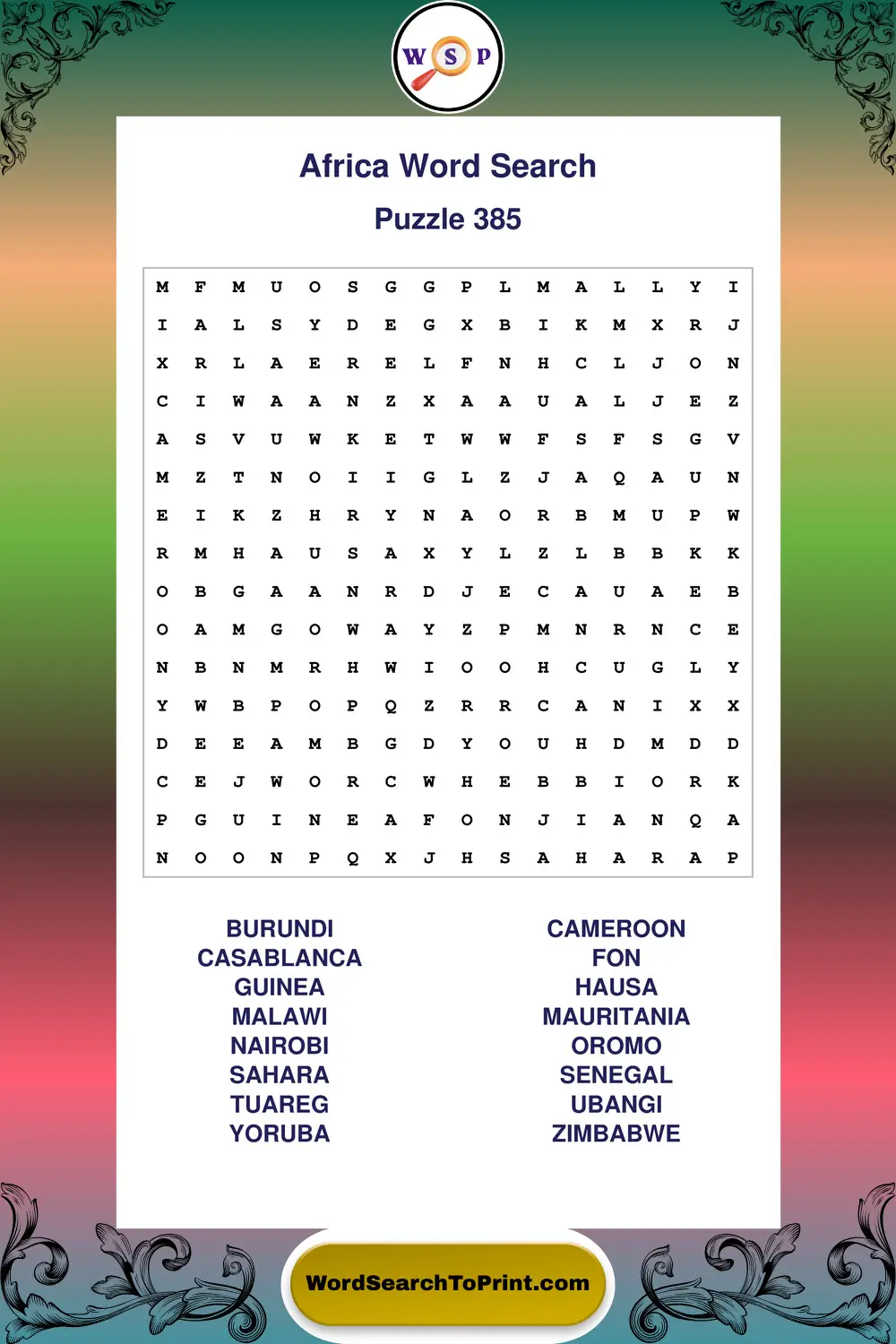 Africa Word Search Puzzle 385