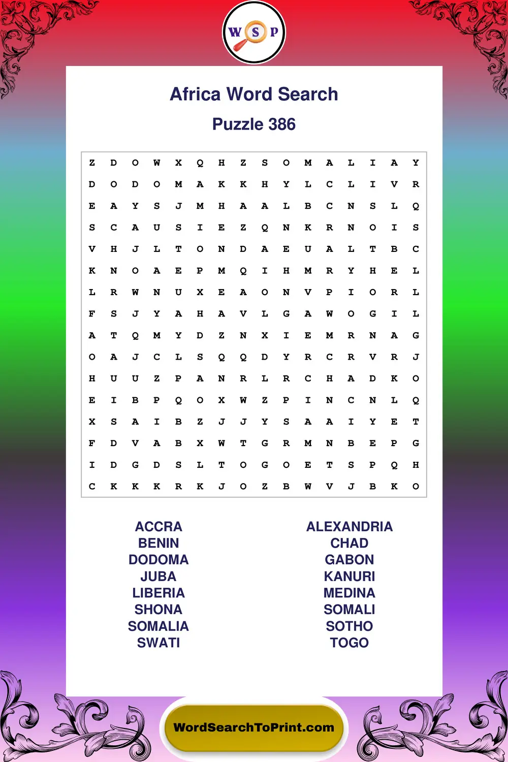 Africa Word Search Puzzle 386