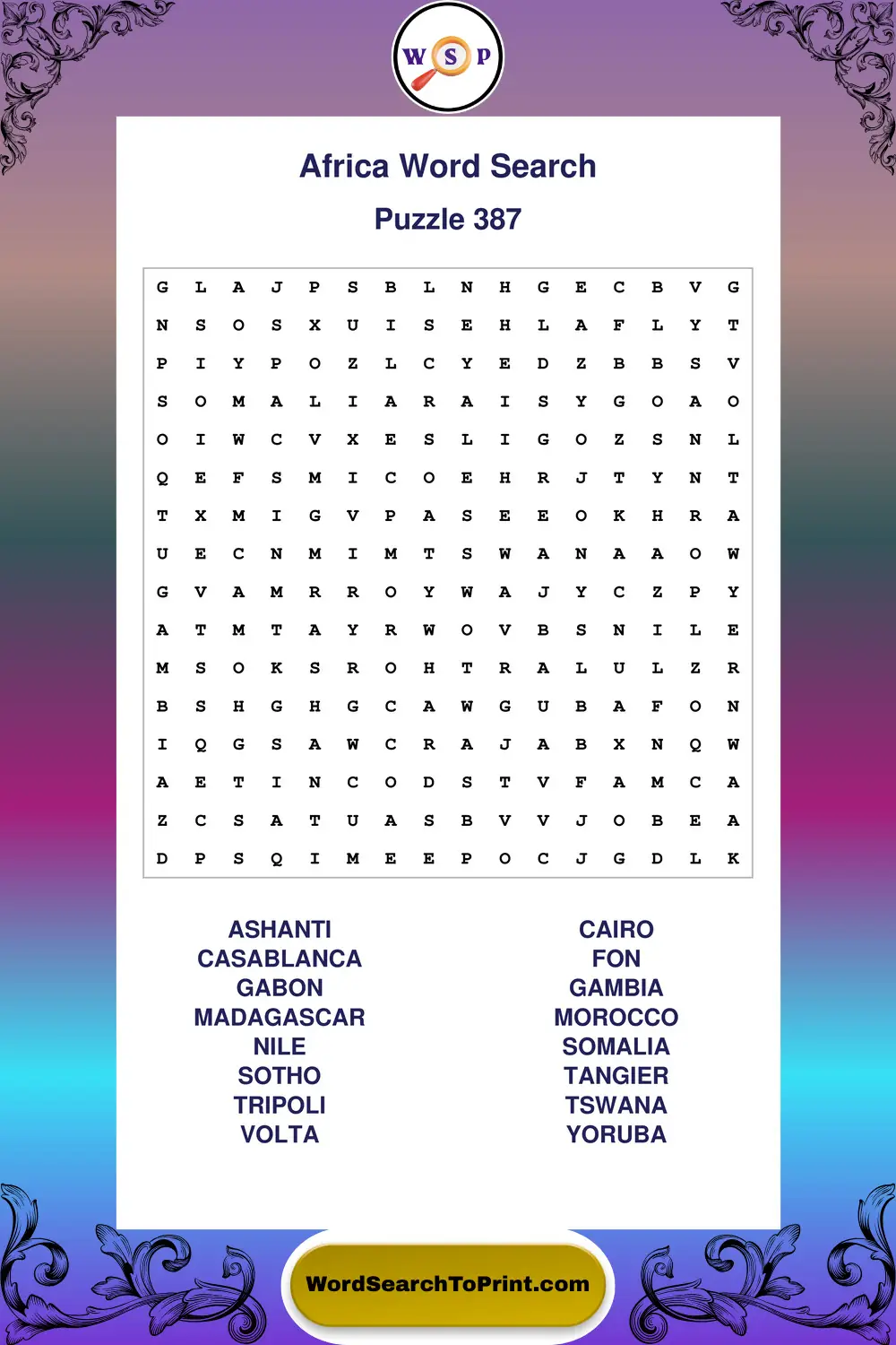 Africa Word Search Puzzle 387