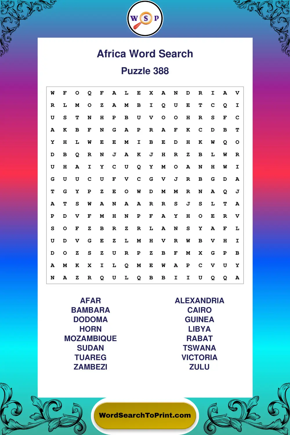 Africa Word Search Puzzle 388