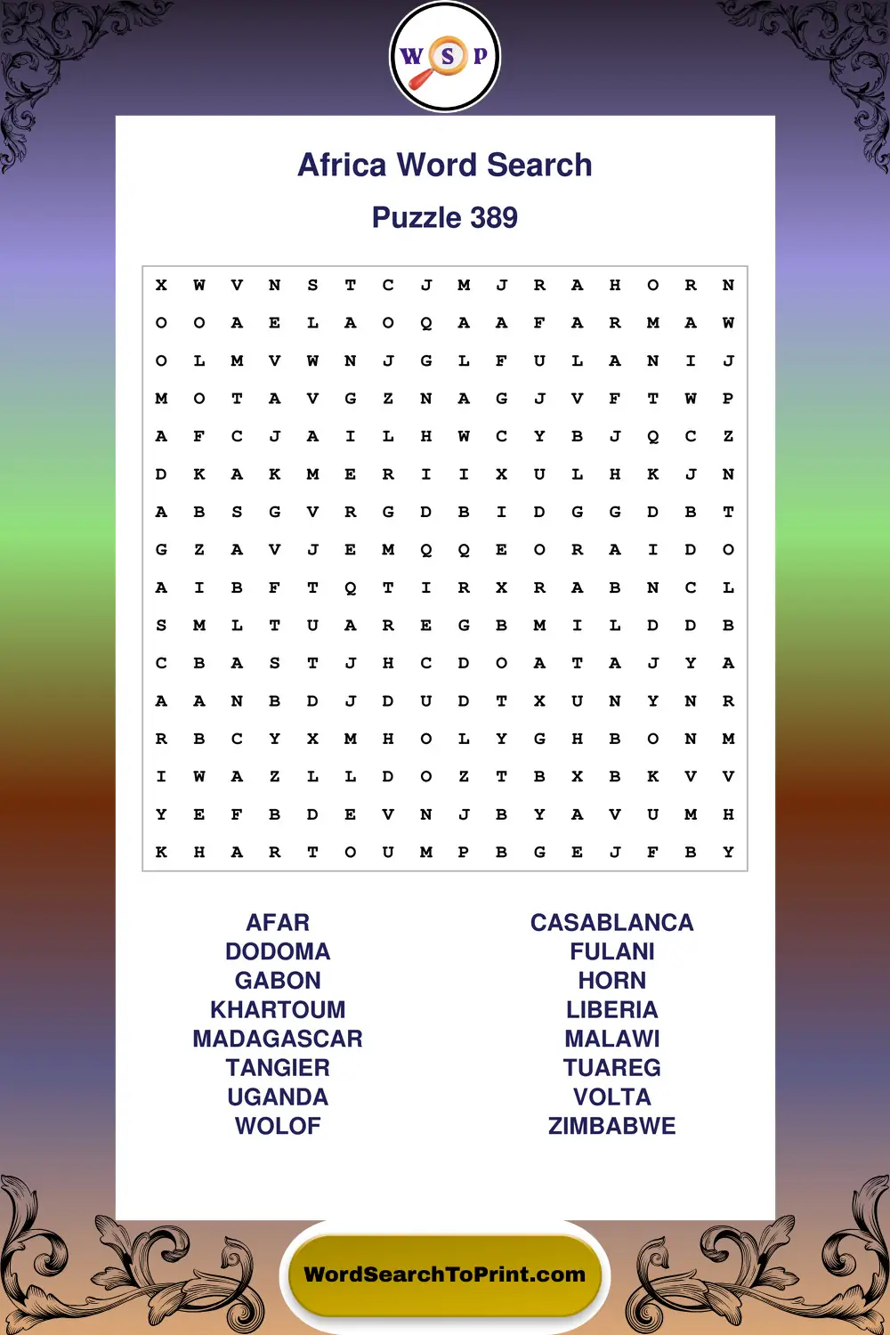 Africa Word Search Puzzle 389
