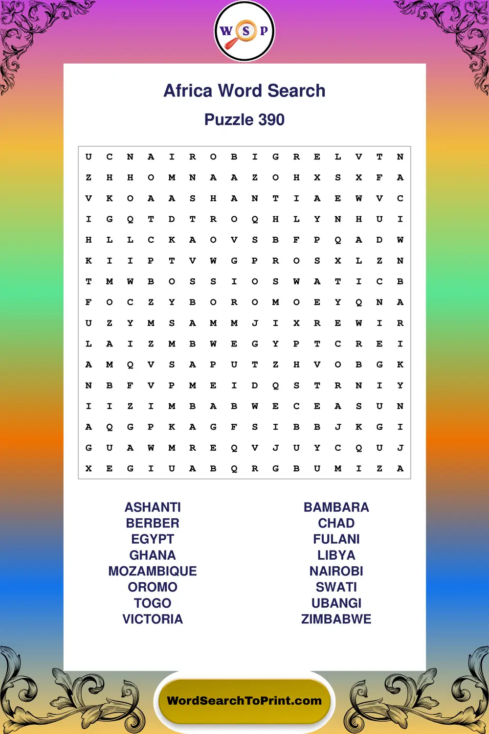 Africa Word Search Puzzle 390