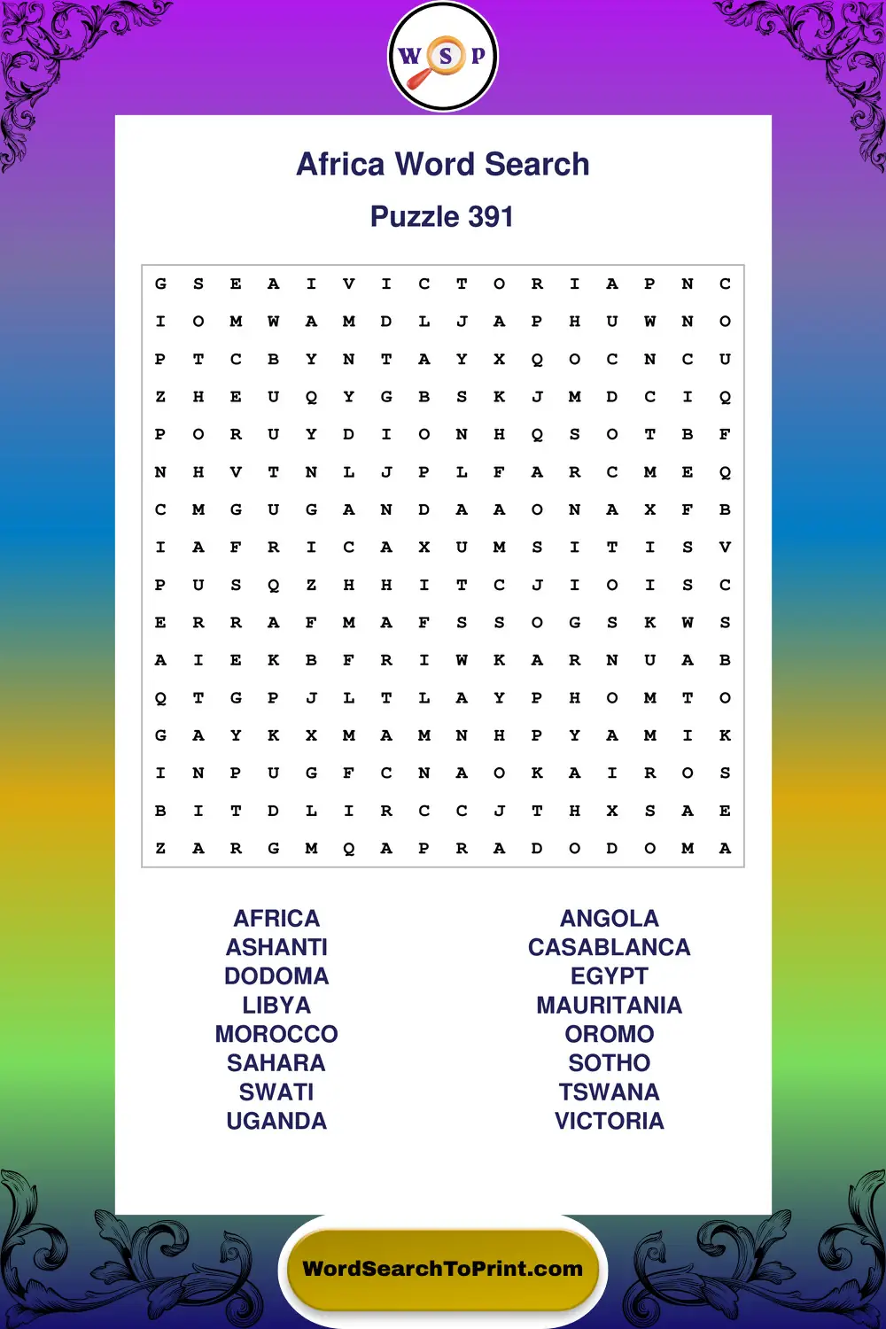 Africa Word Search Puzzle 391