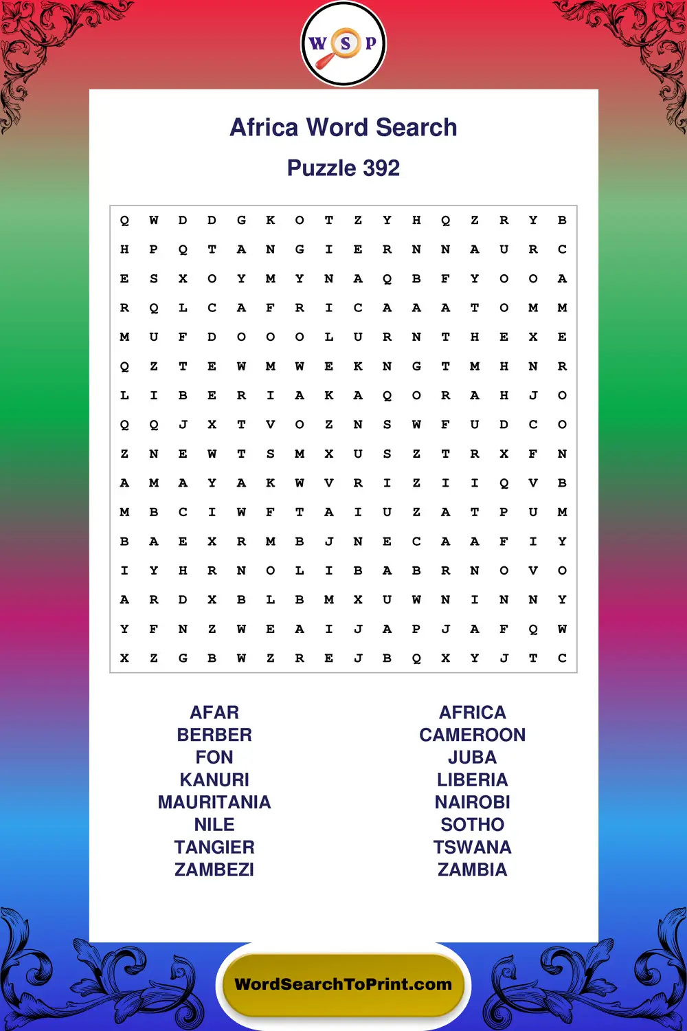 Africa Word Search Puzzle 392