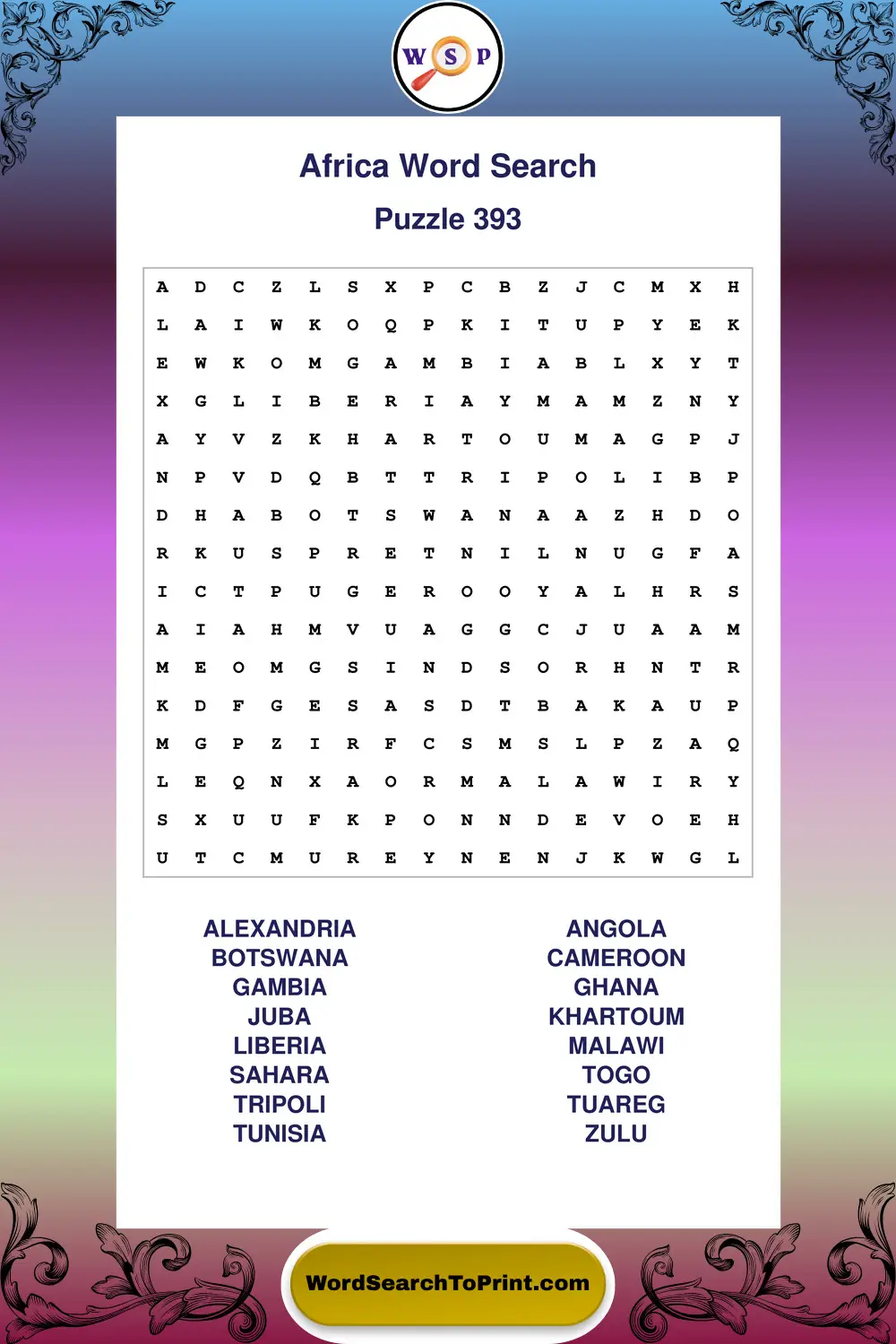 Africa Word Search Puzzle 393