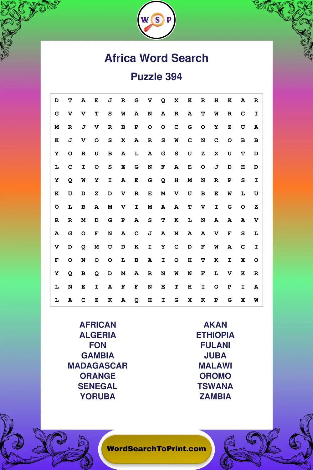 Africa Word Search Puzzle 394