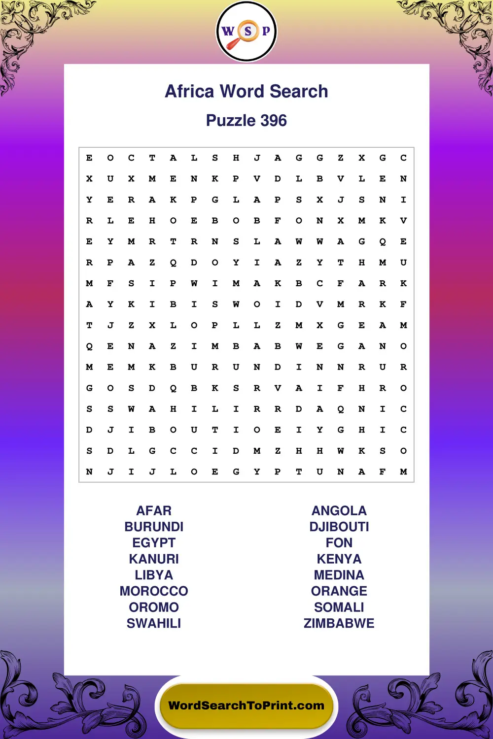 Africa Word Search Puzzle 396