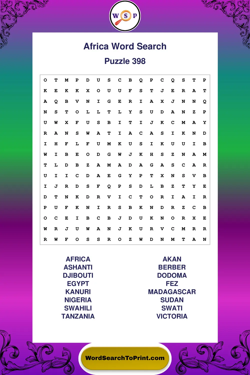 Africa Word Search Puzzle 398